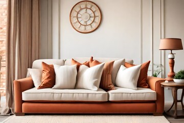 Fabric Sofa Adorned with Elegant White and Terra Cotta Pillows, Embodies the Essence of French Country Charm in a Modern Living Room with Timeless Home Interior Design.