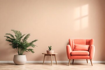 Sophisticated Coral Lounge Chair, Accompanied by a Lush Potted Plant, Set Against a Neutral Beige Wall with Abundant Copy Space.