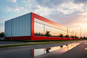 Fototapeta na wymiar Modern sleek office building factory on reflection puddle road after rain in background of beautiful sky. Work concept of company or building.