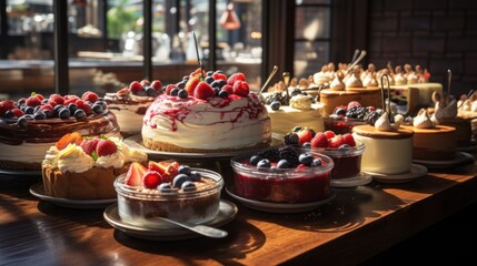Decadent dessert display: A sweet spread of tempting treats and scrumptious cakes