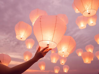 Chinese sky lanterns being released at dawn 