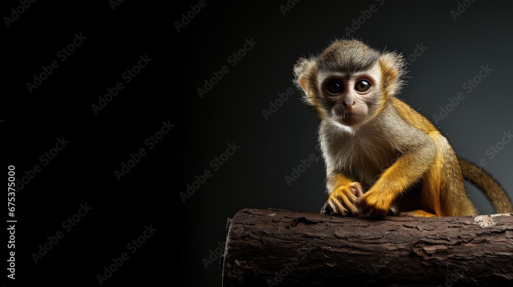 Poster a small monkey sitting on top of a tree branch with its hands on it's back while looking at the came