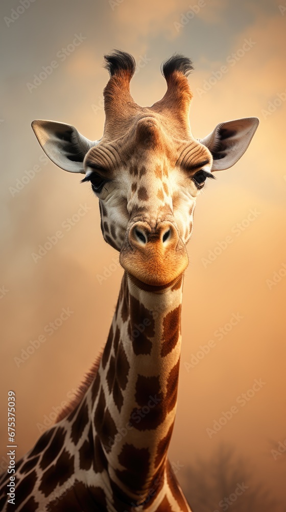 Poster a close up of a giraffe's head with a cloudy sky in the backgrouund. generative ai