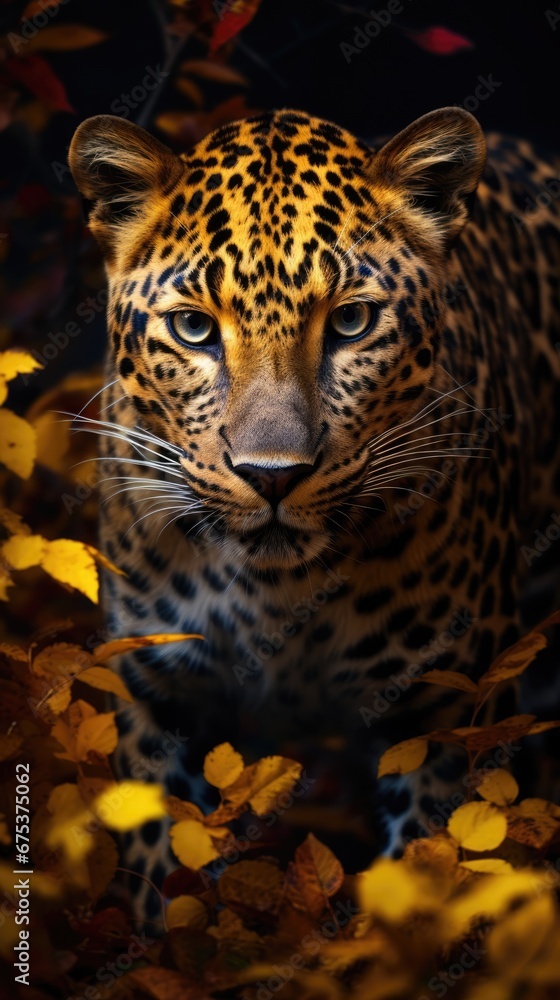 Poster a close up of a leopard on a tree with leaves in the foreground and in the background, a black backg