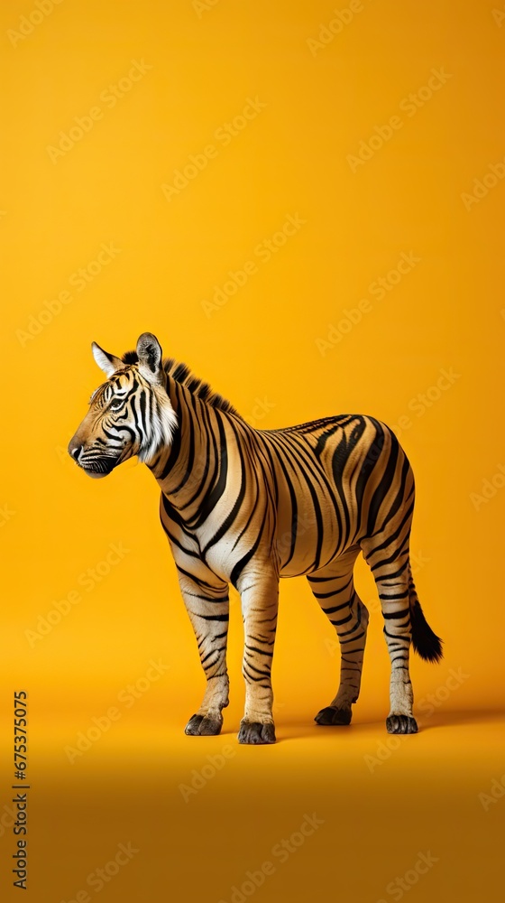 Poster a zebra standing in front of a yellow background with a black and white stripe on it's back end. gen