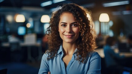 Obraz premium A woman with curly hair smiling at the camera