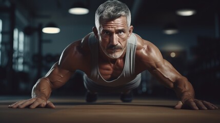 Muscular senior athlete training with determination on wooden gym floor