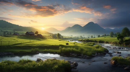 A river running through a lush green countryside