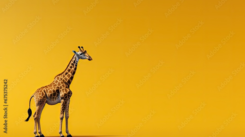 Poster a giraffe standing in the middle of a yellow background with its head turned to the side and it's he
