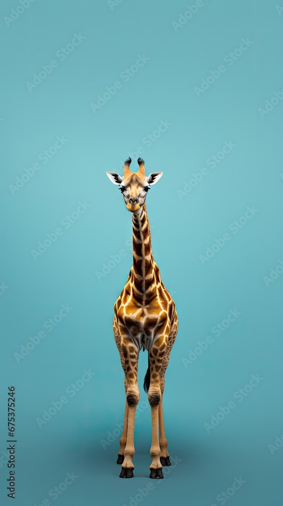 Poster a giraffe standing in front of a blue background with a small bird on top of the giraffe's head. gen