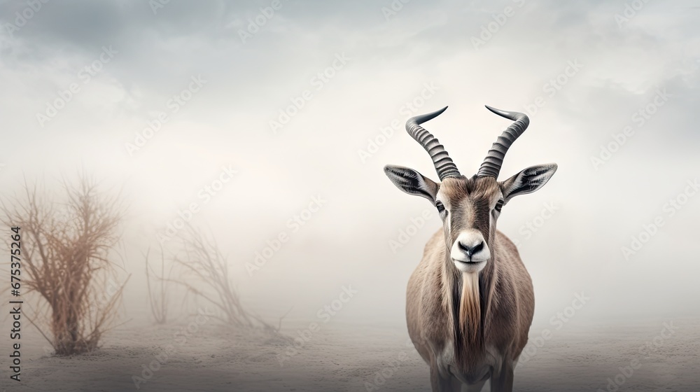 Poster an antelope standing in the middle of a field in the middle of a foggy day with trees in the backgro