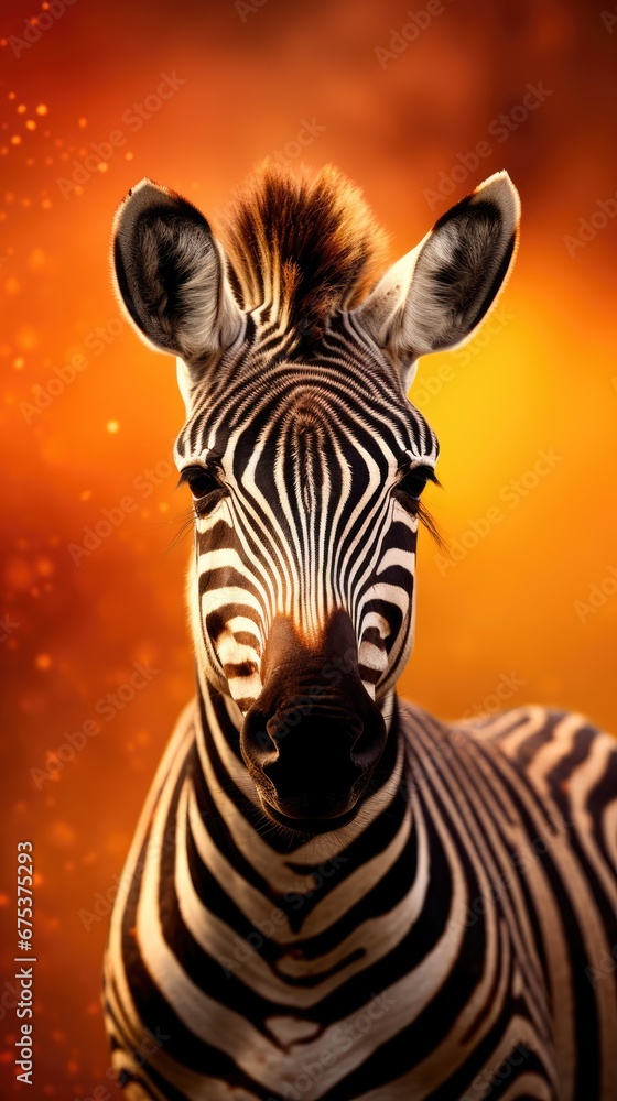 Poster a close up of a zebra's face with a background of oranges and yellows in the background. generative 