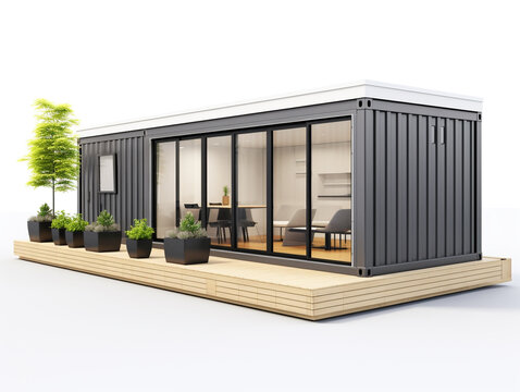 A small house made from a shipping container. Simple design and fast construction method. 3D model illustration.