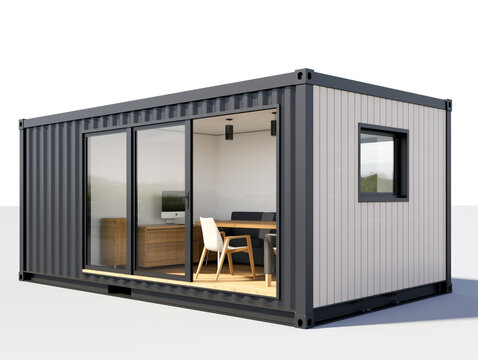A small house made from a shipping container. Simple design and fast construction method. 3D model illustration.