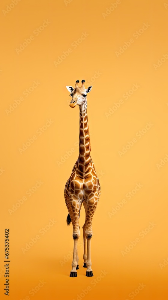 Poster a giraffe standing in the middle of a yellow background with its head turned to the side and it's he