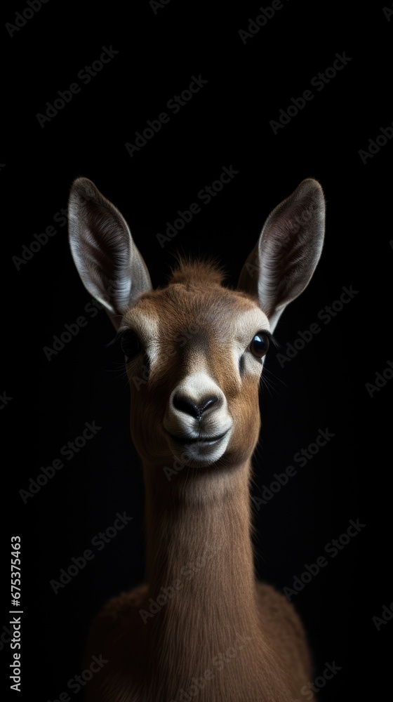 Poster a close up of a deer's face with it's eyes open and a black background behind it. generative ai