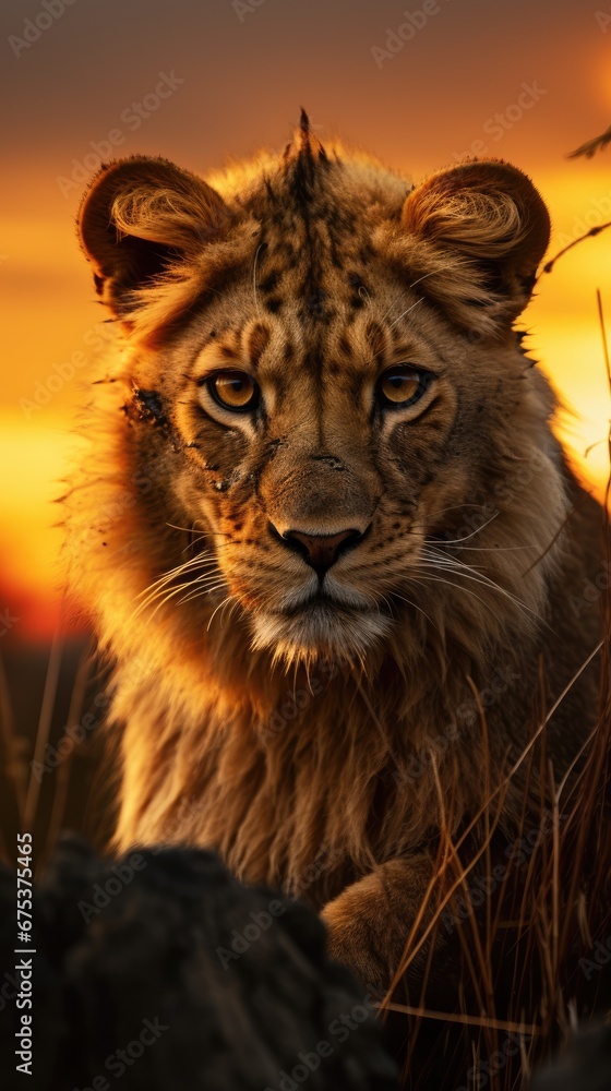 Aufkleber a close up of a lion in a field with the sun setting in the background and a bird in the foreground.
