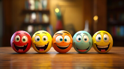 A group of smiley face balls sitting on top of a wooden table