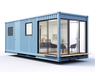 Fototapeta premium A small house made from a shipping container. Simple design and fast construction method. 3D model illustration.