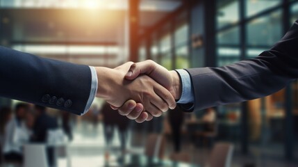 Two people shaking hands in front of a group of people