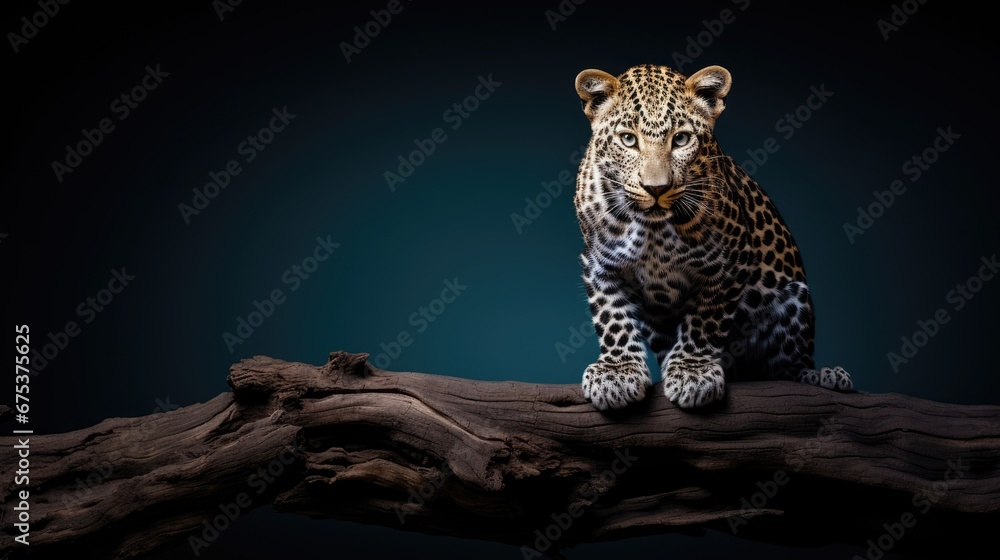 Poster a leopard sitting on top of a tree branch in front of a dark background with a blue sky in the backg