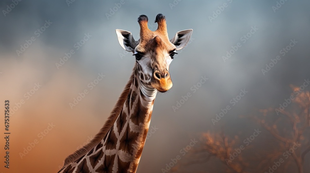 Poster a close up of a giraffe's head with trees in the background and clouds in the sky. generative ai