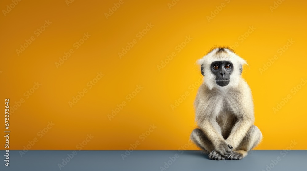 Aufkleber a monkey sitting on a table in front of a yellow background with a black and white picture of a monk