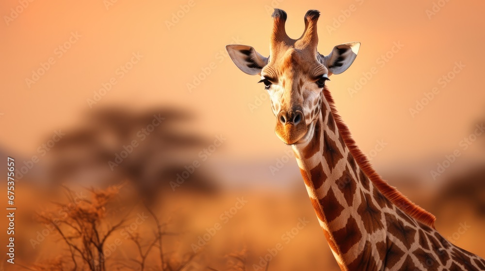Poster a close up of a giraffe in a field with trees in the background and a sky in the background. generat