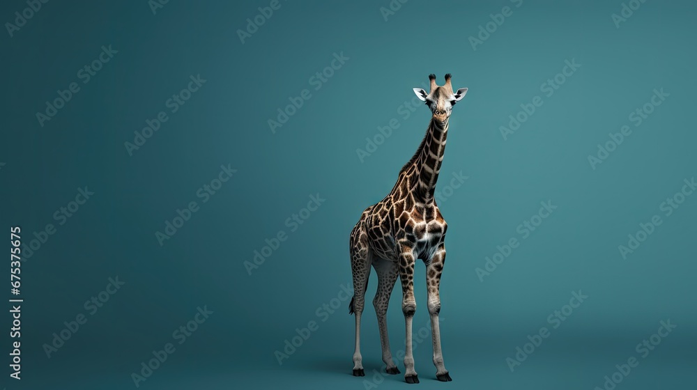 Poster a giraffe standing in front of a teal background with its head turned to the side and it's head turn