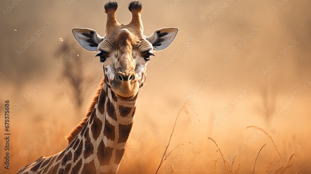 Poster a giraffe standing in the middle of a field with tall grass in the foreground and a foggy sky in the