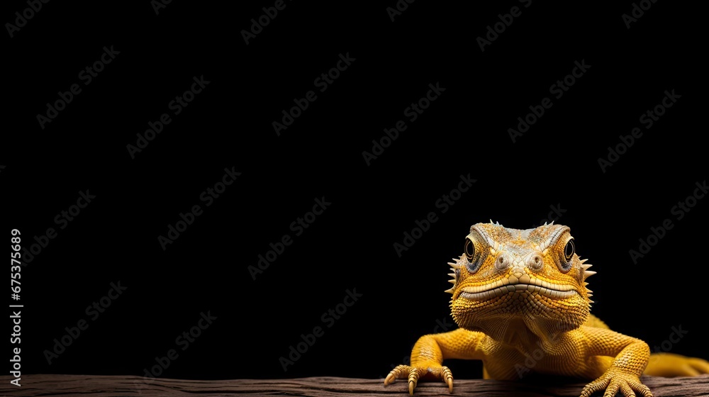 Poster a close up of a lizard on a tree branch in front of a black background with only one lizard visible.