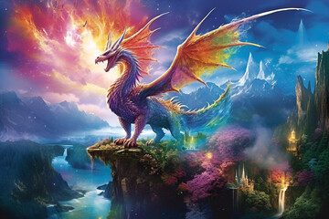 Dragon Fantasy Landscape Wallpaper - obrazy, fototapety, plakaty