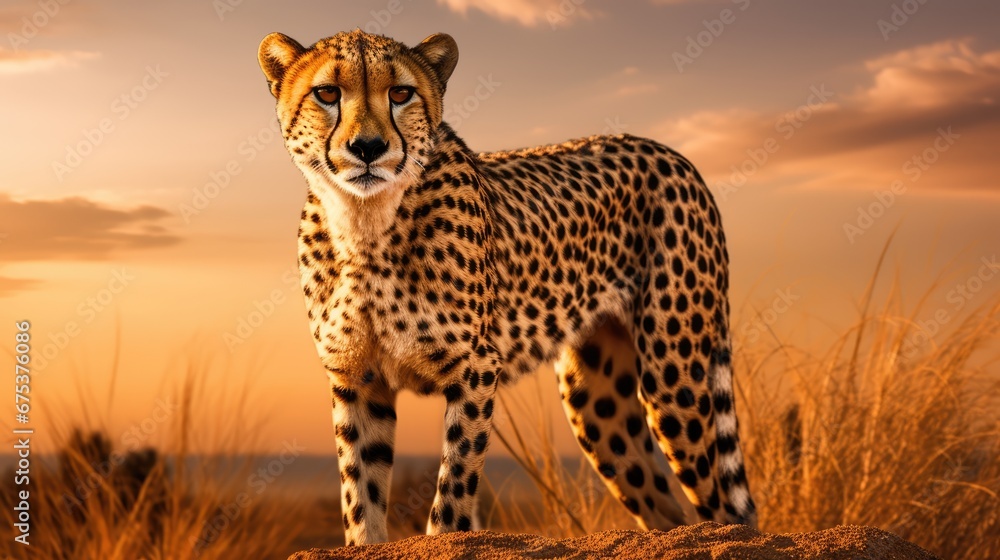 Aufkleber a cheetah standing on top of a rock in a field of grass with a sunset in the background. generative 