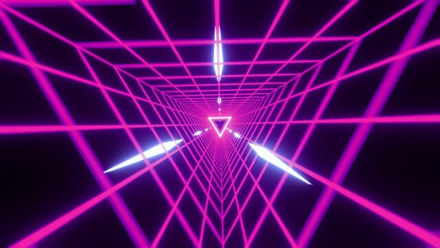 Seamless loop retro 1980s animation triangle grid synthwave tunnel. Background for music video. Video games. Old style. Purple Retro Futuristic 80s Vaporwave 4K Loop Motion Background Animation