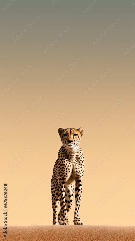 Aufkleber a cheetah standing in the middle of a desert with a tan sky in the backgrouund. generative ai