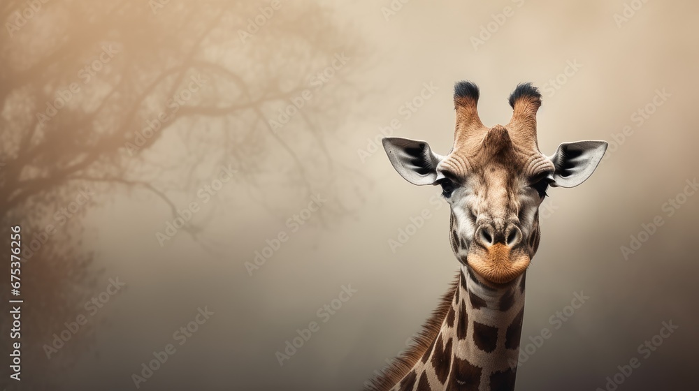 Poster a close up of a giraffe's face with a tree in the back ground and fog in the background. generative 