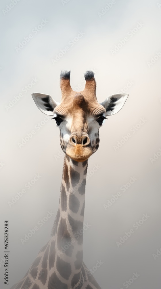 Poster a close up of a giraffe's head with a cloudy sky in the backgrouund. generative ai