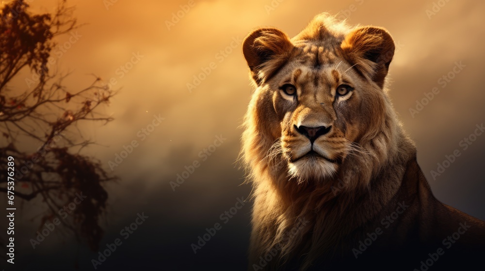 Poster a lion standing in the middle of a field, surrounded by a tree on the left side and a blurred backgr