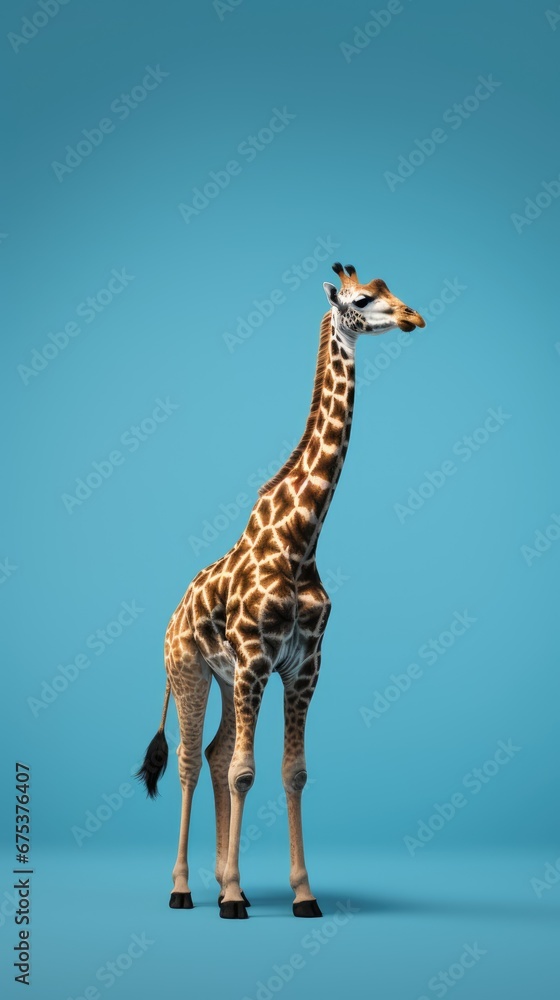 Poster a giraffe standing in front of a blue background with its head turned to the side and it's head turn