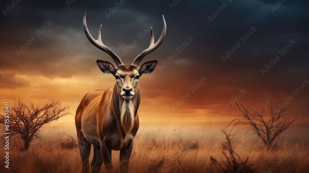 Poster a deer standing in the middle of a field with trees in the background and a cloudy sky in the backgr