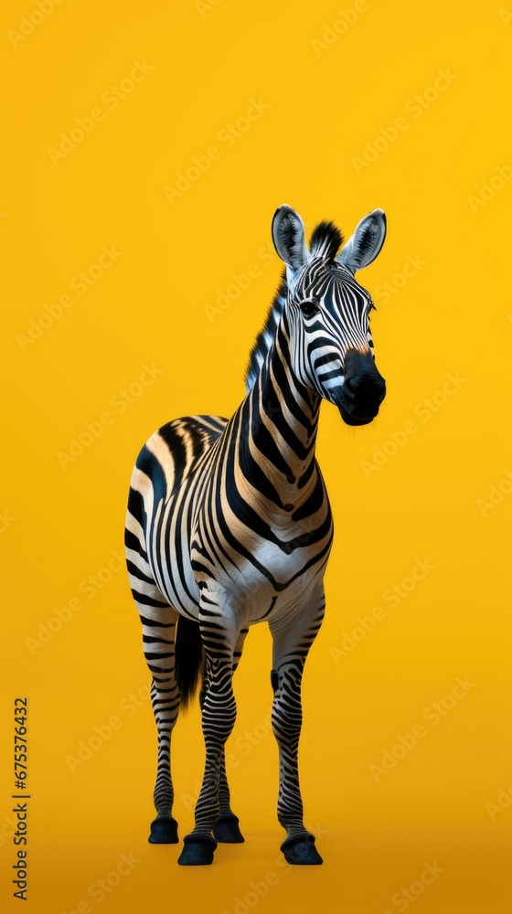 Poster a zebra standing in front of a yellow background with its head turned to the side and it's head turn