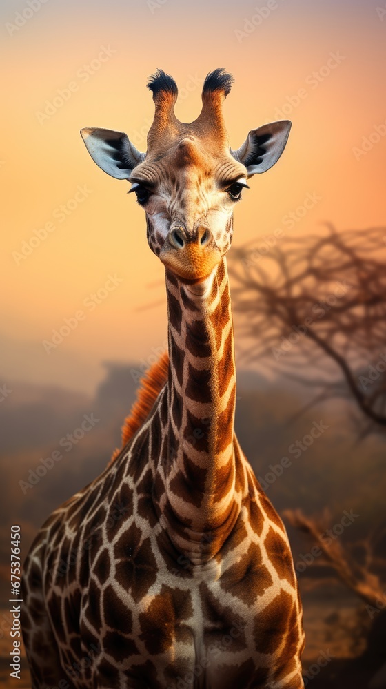 Poster a close up of a giraffe's face with a blurry background of trees and a sky. generative ai