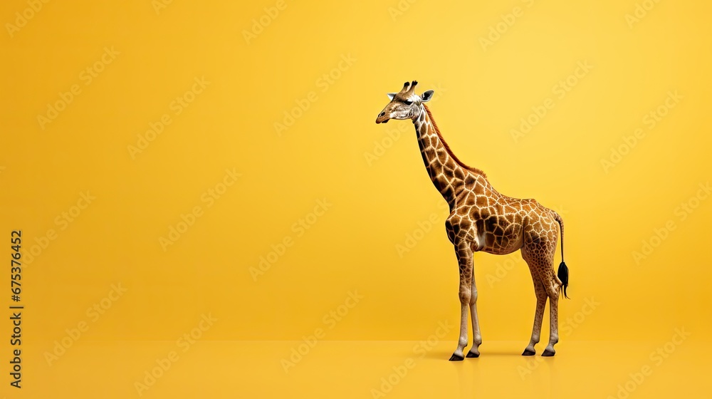Poster a giraffe standing in front of a yellow background with its head tilted to the side of the giraffe. 