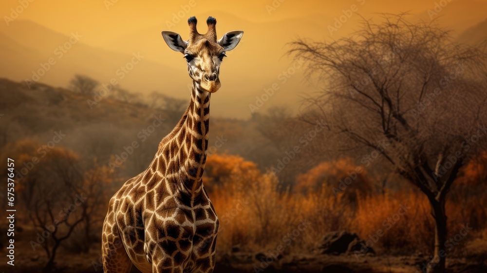 Poster a close up of a giraffe in a field with trees in the background and a mountain range in the distance