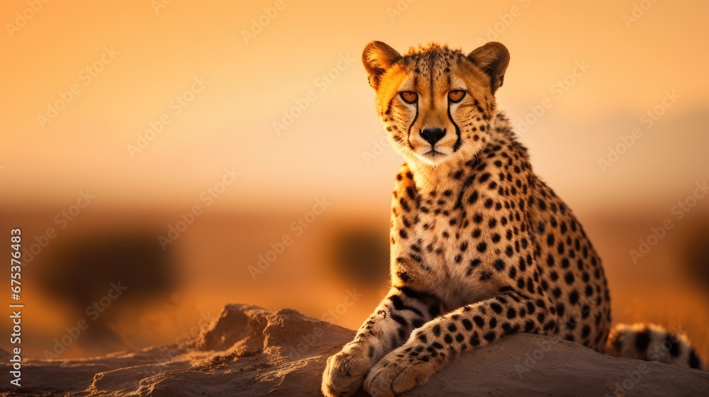 Poster a cheetah sitting on top of a rock in the middle of a desert with a sunset in the background. genera