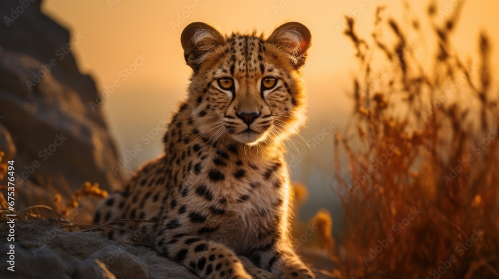 Poster a close up of a cheetah sitting on a rock in a field with tall grass and a hill in the background. g