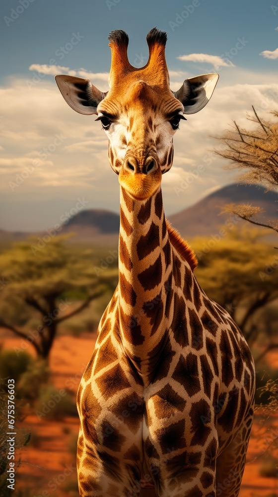 Poster a close up of a giraffe in a field with mountains in the background and clouds in the sky. generativ