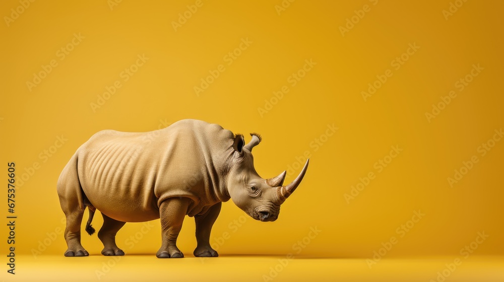 Poster a rhinoceros standing in front of a yellow background with its head turned to the side and it's head