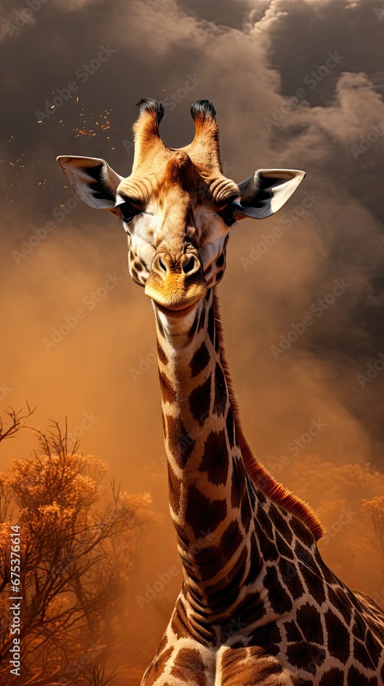 Poster a close up of a giraffe in front of a cloudy sky with a tree in the foreground. generative ai