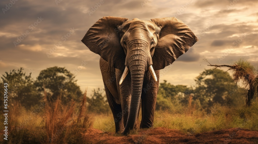 Poster an elephant standing in the middle of a grassy area with trees in the background and a cloudy sky in